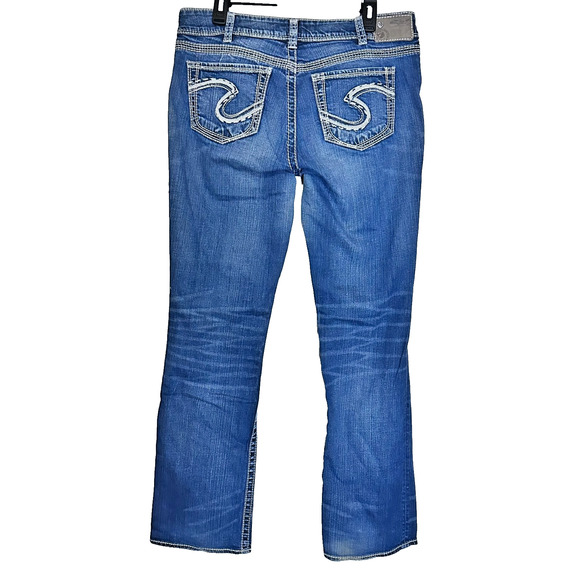 Silver Suki Mid Slim Boot Jeans Womens 32x32 Dark Wash Thick Stich Embroidered - Picture 1 of 13
